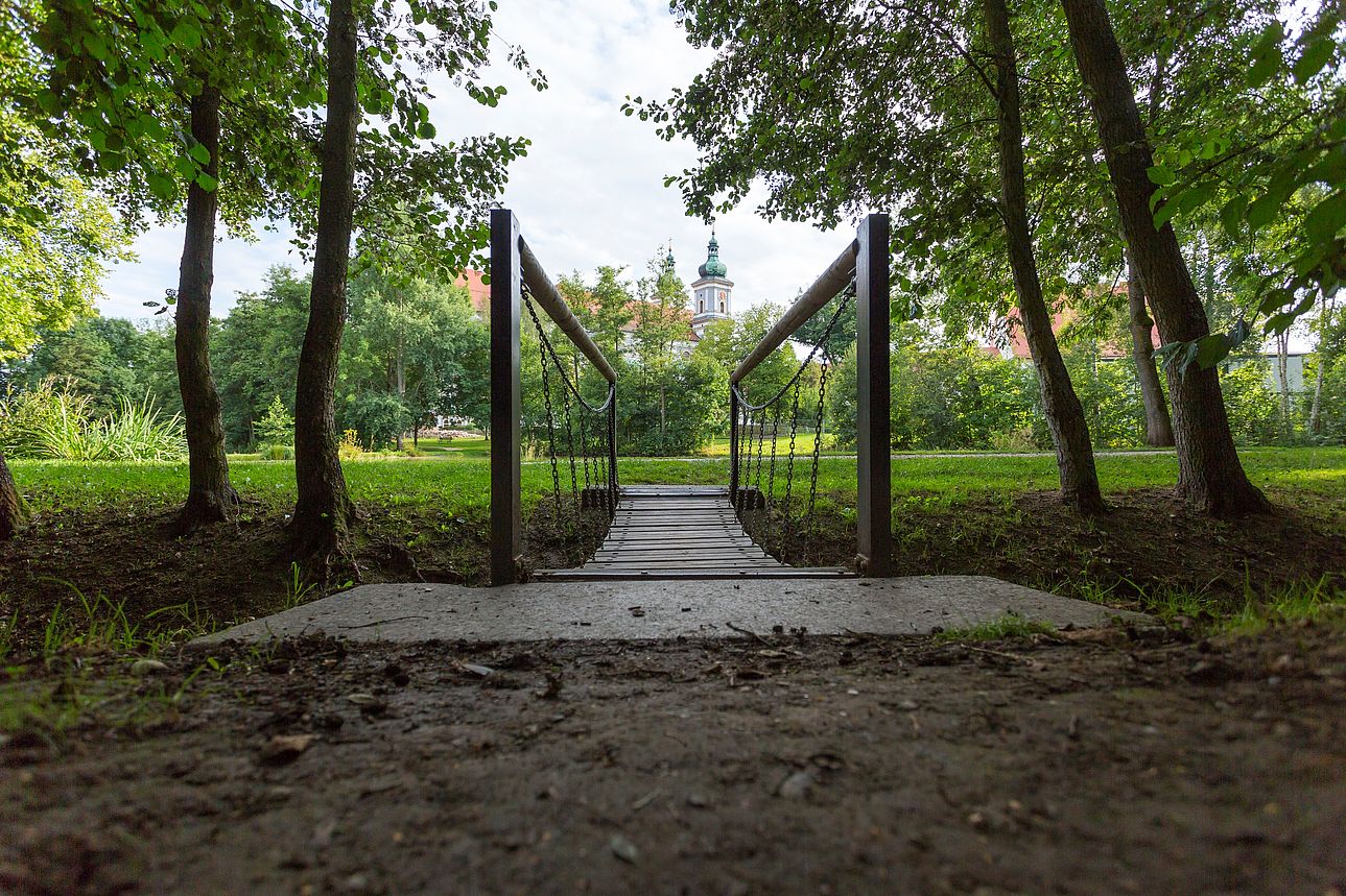 Brücke auf der Schwanenwiese und im Hintergrund die Basilika.