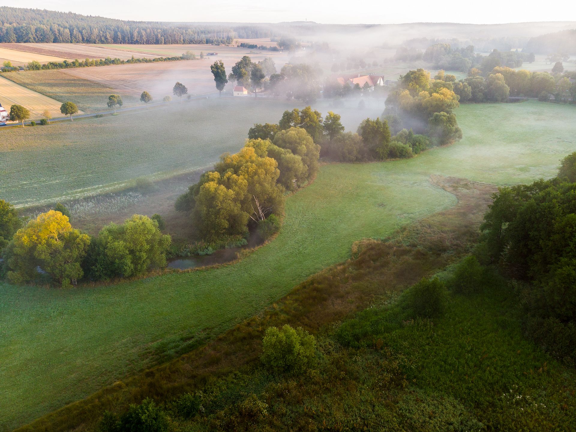 Mitterhof am Morgen mit Nebel.